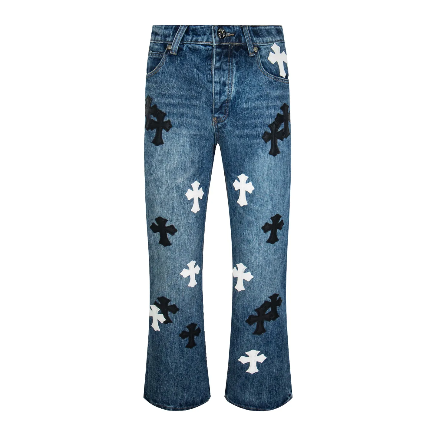 P240 Chrome Hearts Chrome Hearts blue pants, black and white multi-leather jeans, multi-leather label work jeans, ch jeans, all need to be washed and then disassembled and hand-stitched with sheepskin cross leather and then spliced to complete. The whole process is too complicated to describe. About Chrome Hearts This is an extremely luxurious fashion brand that can also be called the nobility of the high street. It has always been an exclusive brand for some hipsters or rich second generations. Compared with ordinary high streets, it is more luxurious and noble. Compared with luxury brands, it is more fashionable and individual. It has always been a brand that I have a special liking for. Style number: 1790# Color: blue Size: 28 30 32 34 36